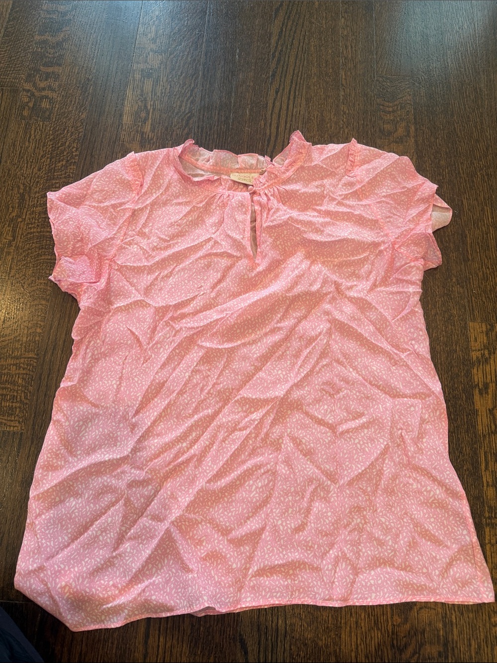 Pink Short-Sleeve Ruffled Neck Blouse